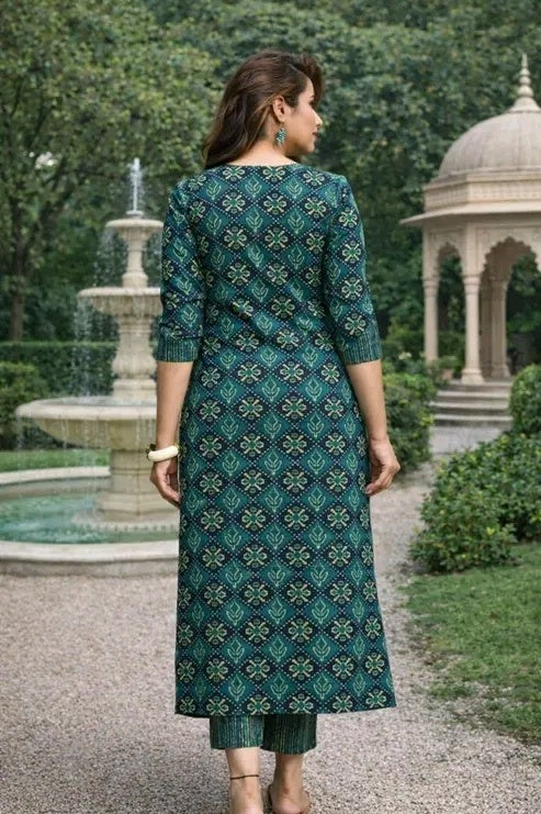 Green kurti and pants set shown with a coordinating dupatta