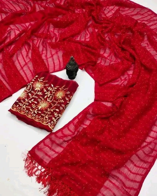 Chiffon Embroidery Saree - Red view 2