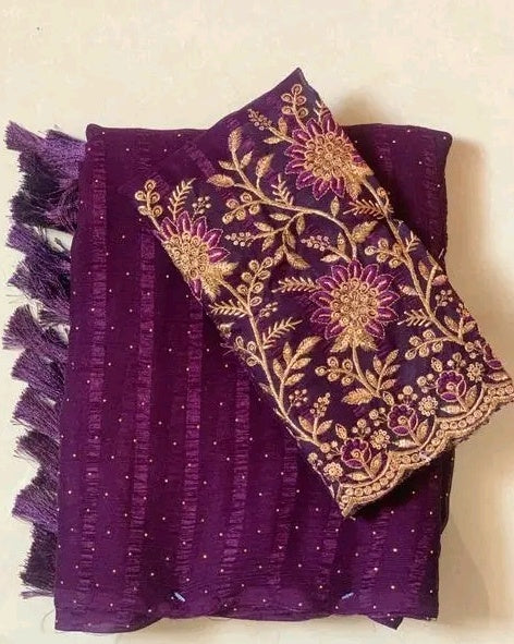 Chiffon Embroidery Saree - Purple view 2